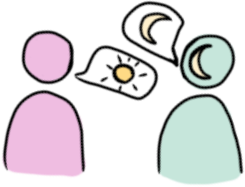 A pink figure and a green figure. The green figure has a moon symbol on its head. The pink figure has a speech bubble with a sun in it, and the green figure has a speech bubble with a moon in it, correcting them.